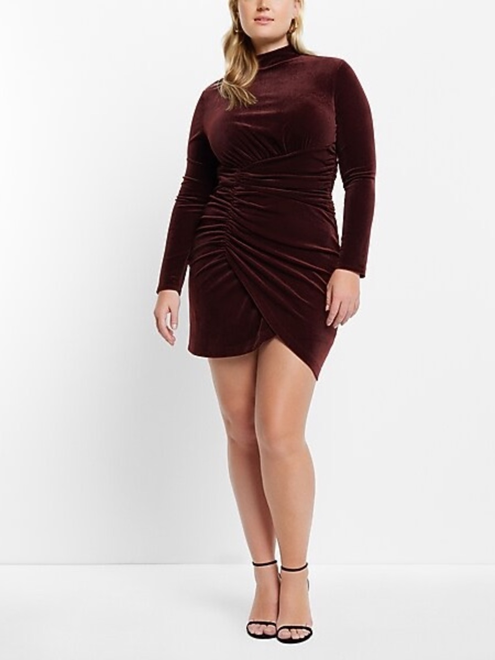 Express Velvet Body Contour Mock Neck Ruched Mini Dress XL Chocolate Brown NEW